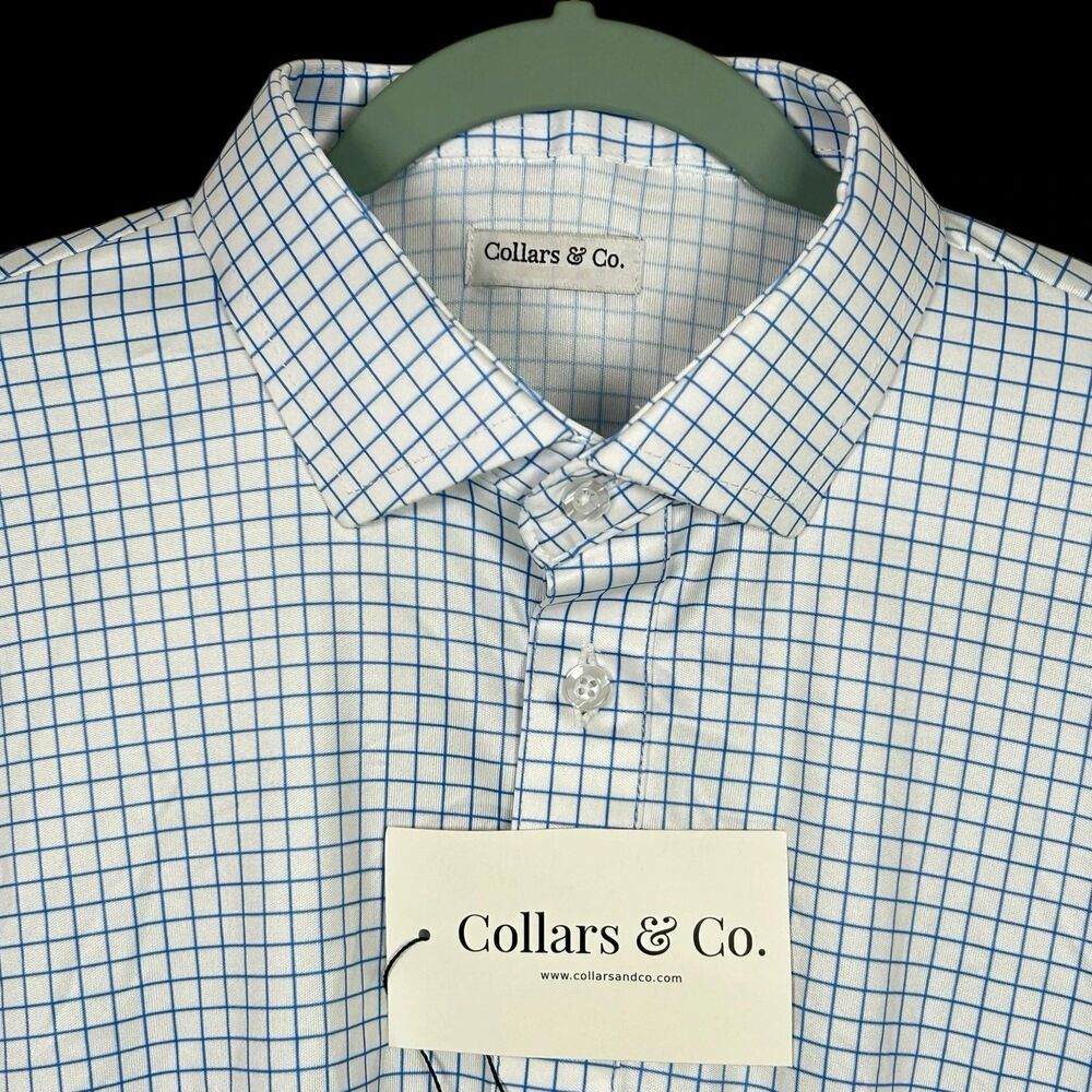 Collars & Co Polo Shirt Mens Large Relaxed Fit Blue Check Office Stretch NWT